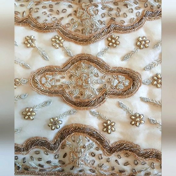 Vintage Gold Threaded Pearl Beaded Hand Sewn Table Centerpiece Tabletop Doiley - Picture 3 of 12